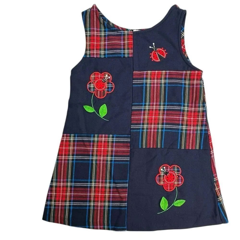 Vintage Macy’s Rare Editions Navy & Red Plaid Patchwork Tank Dress Girls Size 5